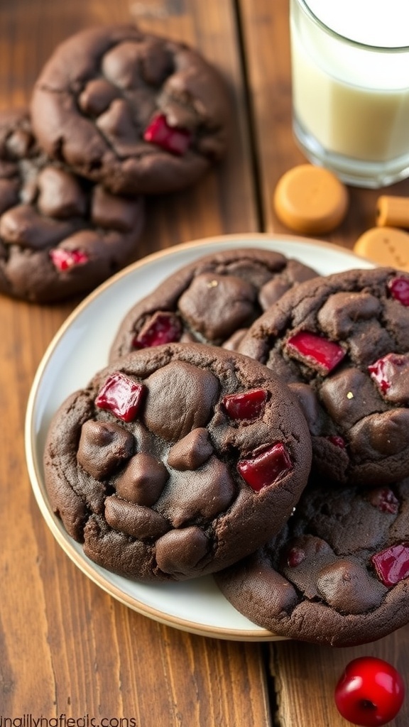 A plate of Chocolate Cherry Cookies with chocolate chunks and dried cherries, served with a glass of milk.